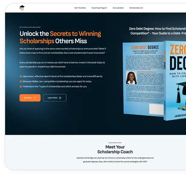 Hero section of Janeisha Cambridge website, featured in a testimonial showcase.