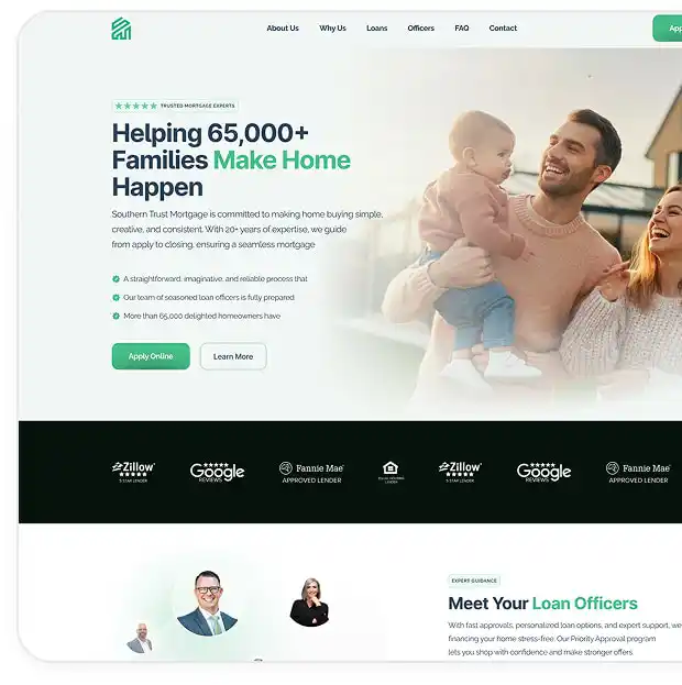 Hero section of Southern Trust Mortgage website, featured in a testimonial showcase.