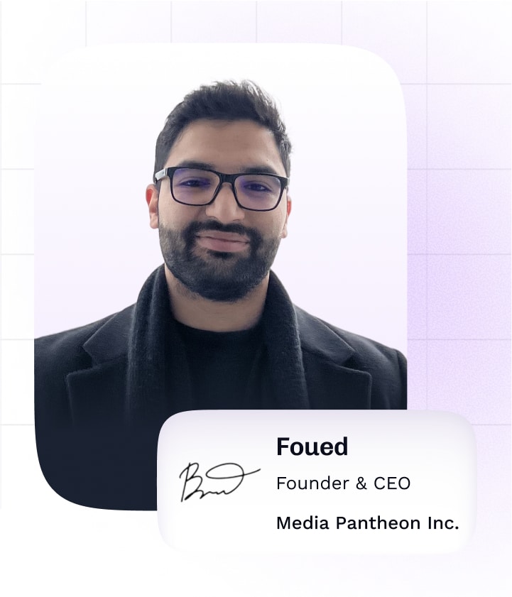 Foued, Founder & CEO of Media Pantheon, in a black coat with digital signature beside his name