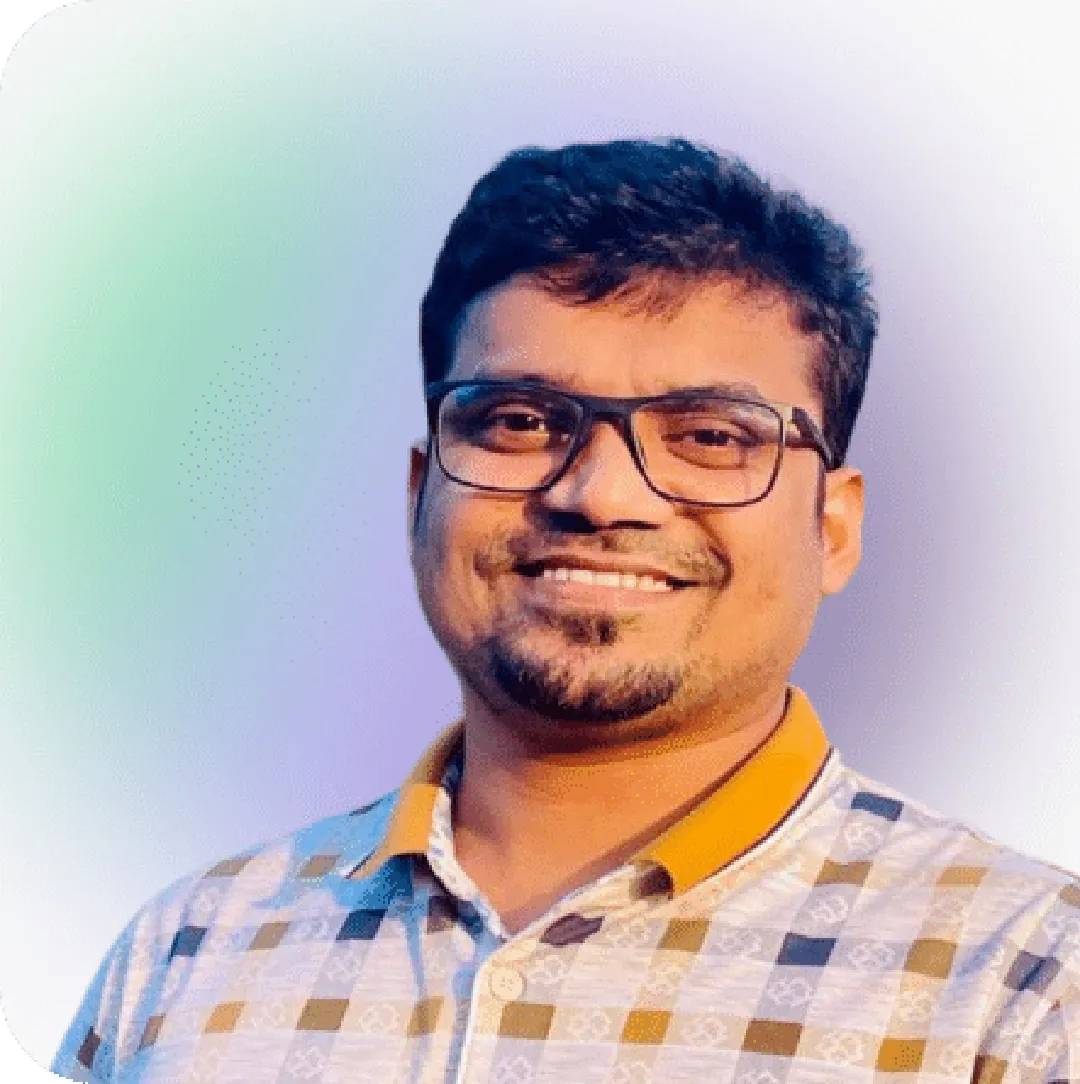 Mohin, UI/UX Designer, wearing glasses and plaid shirt on soft purple gradient background