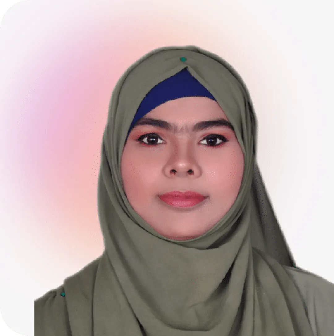 Nila, Full-Stack Developer at Media Pantheon, Inc., wearing a green hijab on a soft pink background
