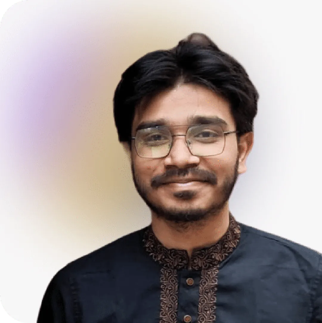 Rufsan, Full-Stack Developer, in black shirt and glasses on soft gradient background