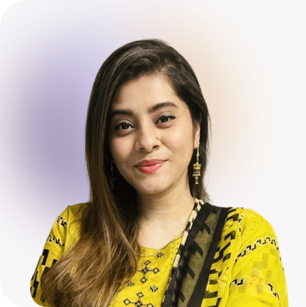 Mahjabeen, Marketing Associate, in yellow ethnic wear with patterns, on a soft gradient background.