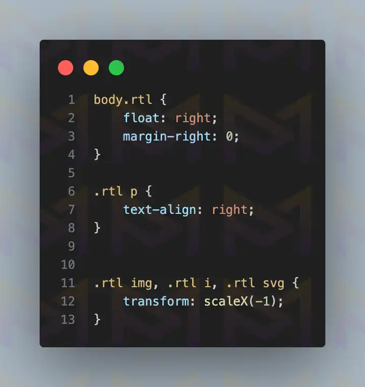 CSS code snippet showing RTL alignment, text alignment, and horizontal flipping for images, icons, and svg.