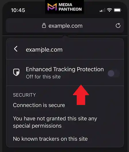 Firefox mobile screen showing Enhanced Tracking Protection turned off with a red arrow pointing to it.