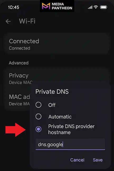 Android Wi-Fi settings showing Private DNS set to dns.google with a red arrow pointing to the section.