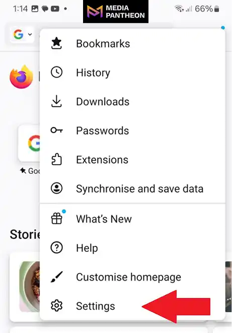 Firefox mobile menu open with a red arrow pointing to the “Settings” option at the bottom of the list.
