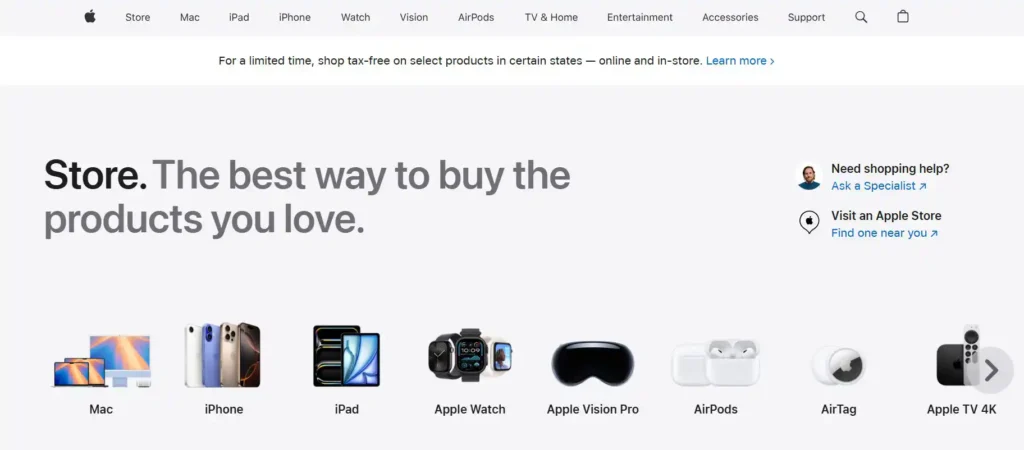 Apple website store page featuring product lineup with clean layout and prominent use of light grey tones.
