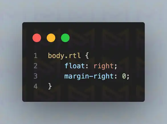 CSS code snippet showing body.rtl float right and margin-right 0