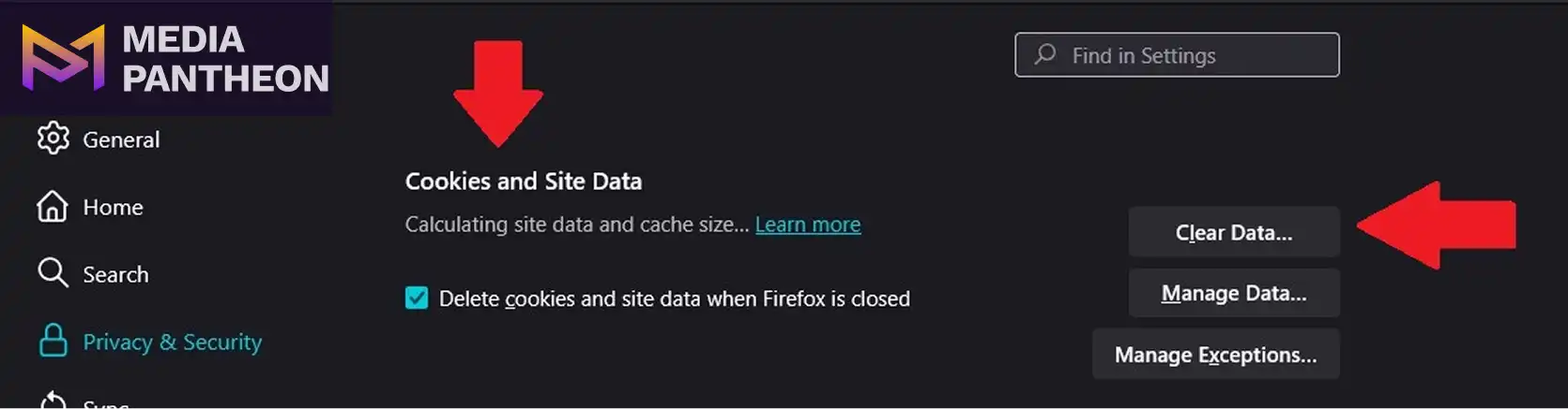 Firefox settings with a red arrow on Cookies and Site Data and another on Clear Data.