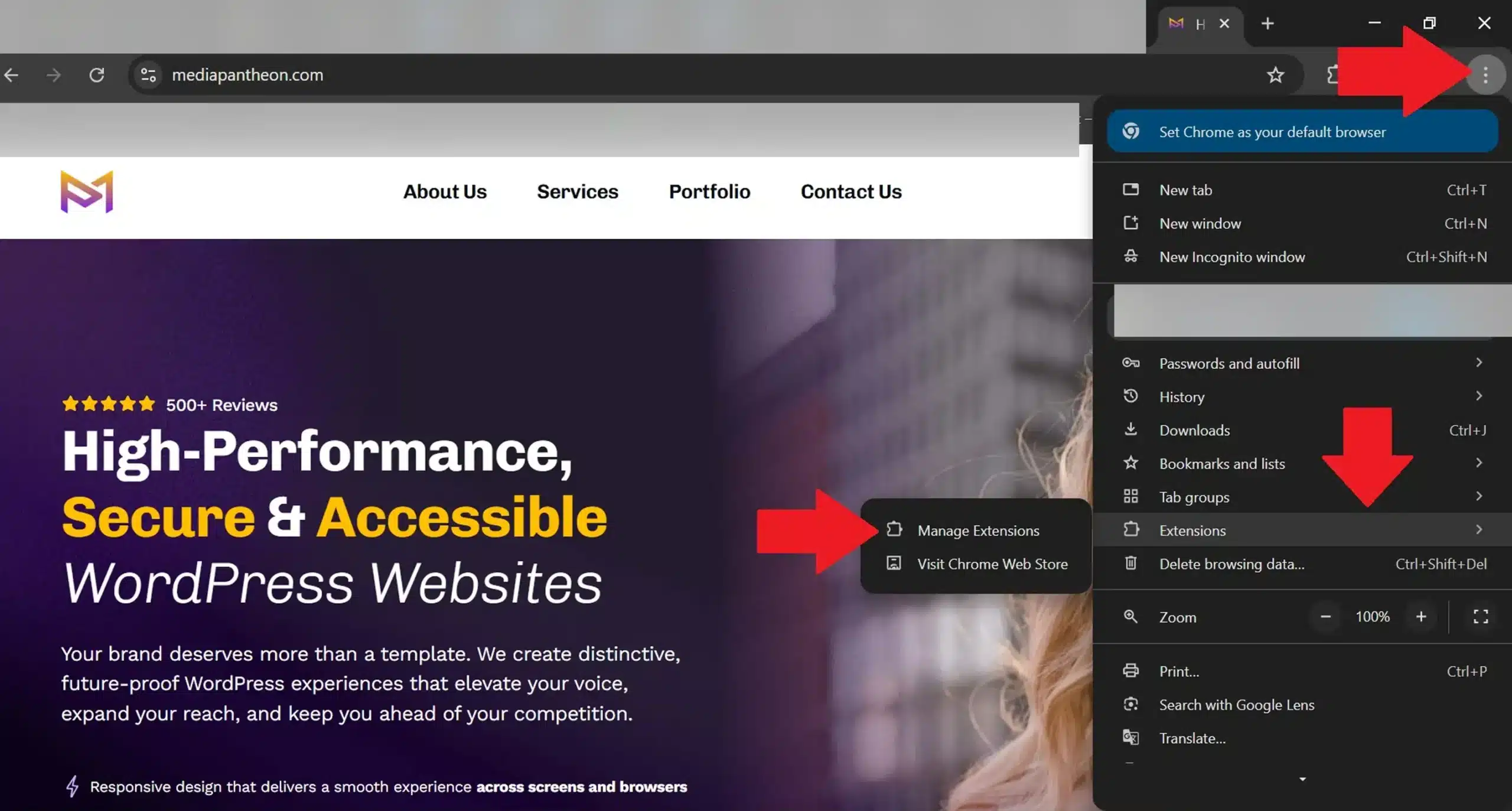 Chrome menu open with red arrow on three dots, Extensions, and Manage Extensions.