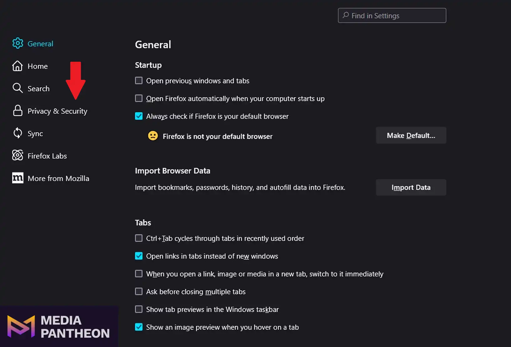 Firefox settings screen with a red arrow pointing to “Privacy & Security” in the left-hand menu.