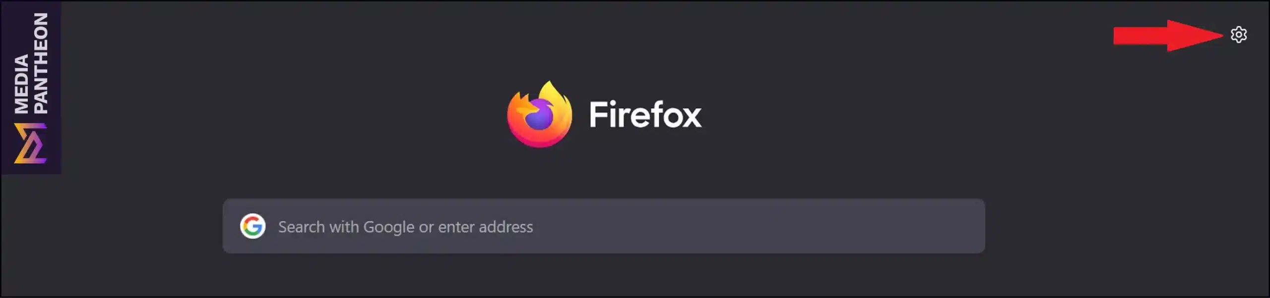 Firefox start page with a red arrow pointing to the settings gear icon in the top right.