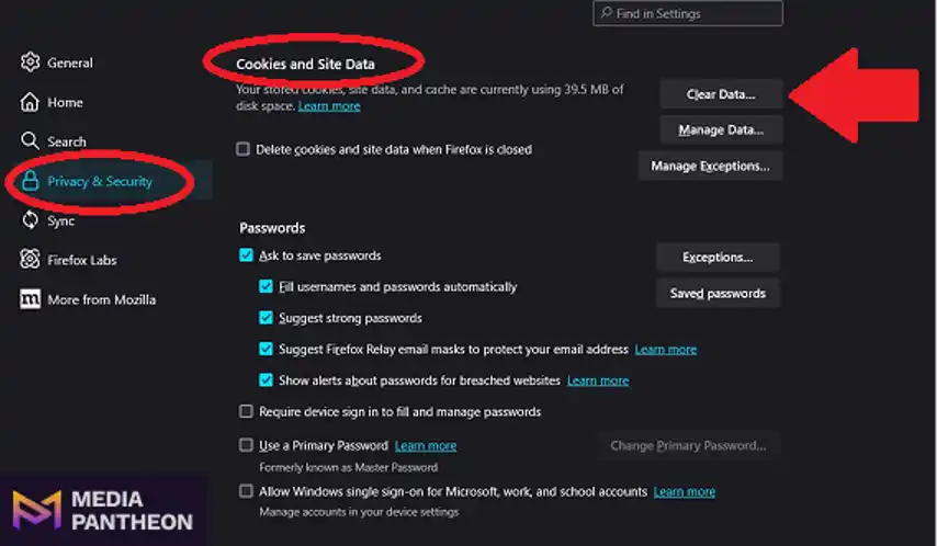 Firefox settings showing "Cookies and Site Data" with a red arrow pointing to the Clear Data button.