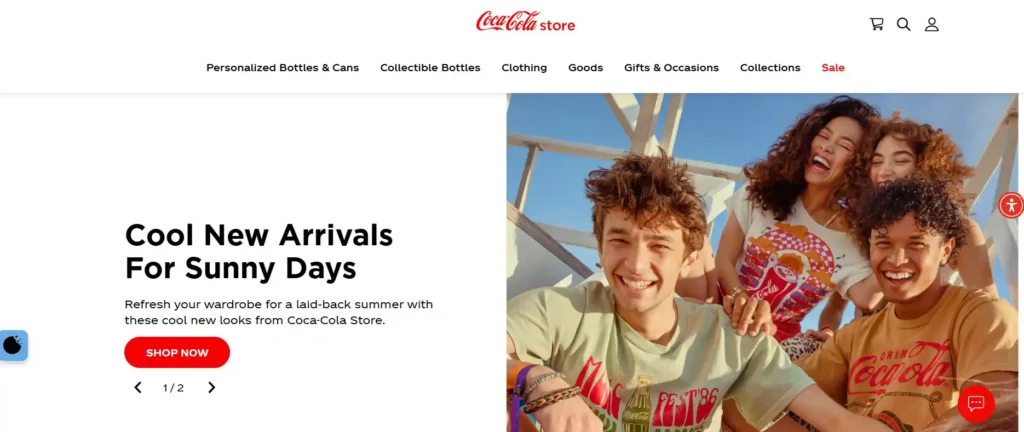 Coca-Cola Store homepage with smiling teens and red branding elements, including text and shop button.
