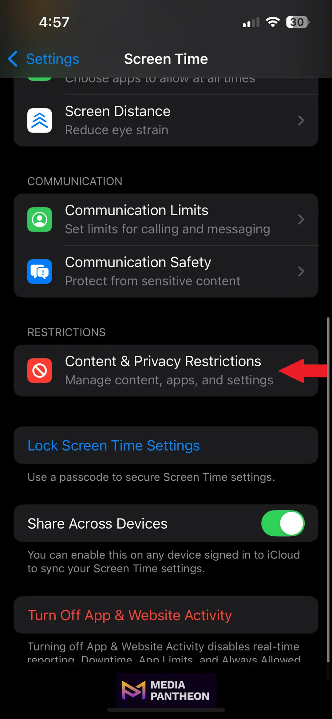 iPhone Screen Time menu with a red arrow pointing to Content & Privacy Restrictions.