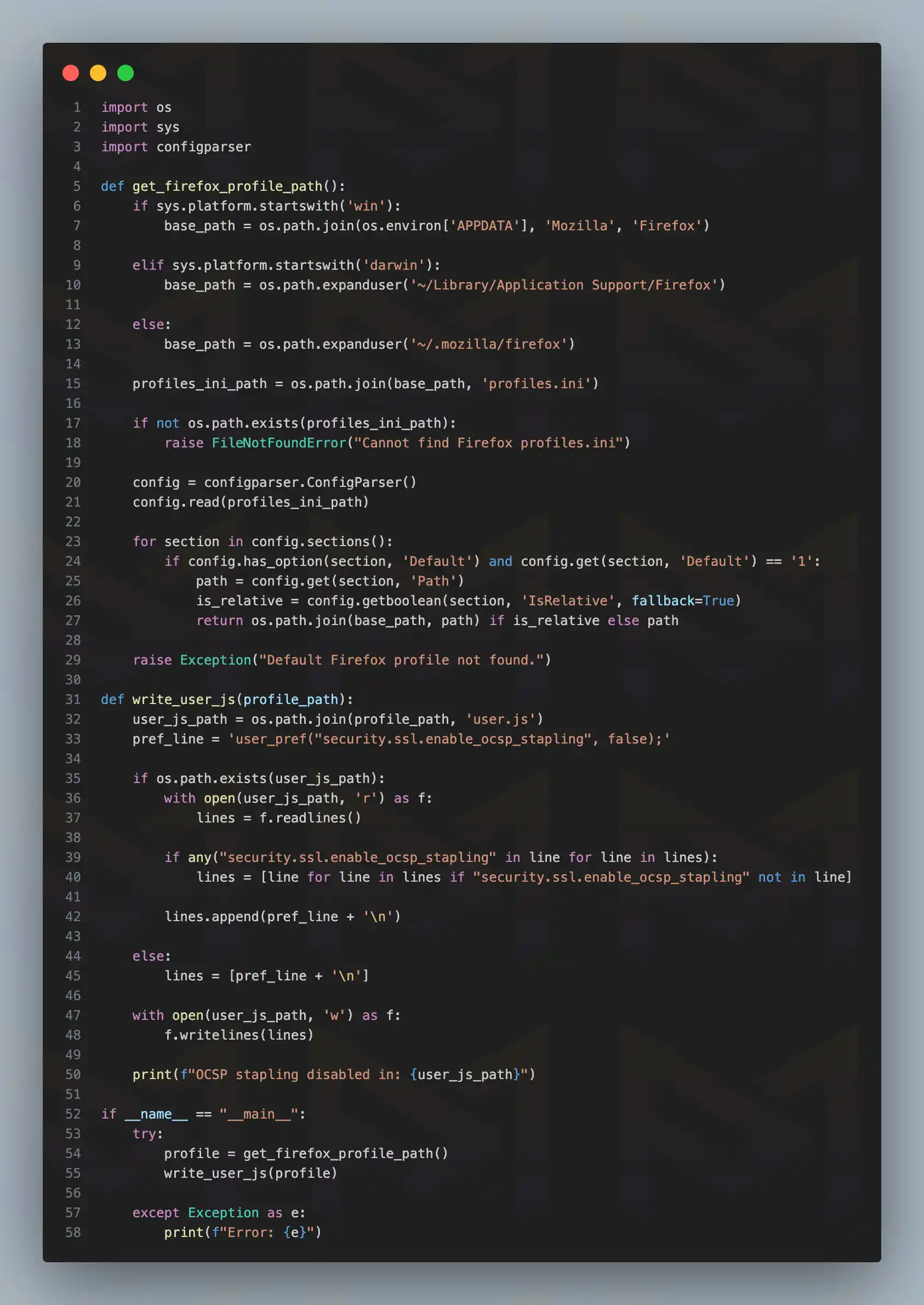 Python script locates Firefox default profile across OSes and edits/creates user.js to disable OCSP stapling, with error handling and brief info logs.