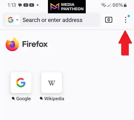 Firefox mobile home screen with a red arrow pointing to the three-dot menu in the top-right corner.