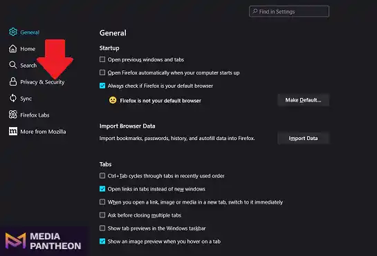Firefox settings screen with red arrow pointing to “Privacy & Security” in the left-hand menu.