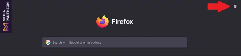 The Firefox browser homepage displays the logo, a search bar, and a gear icon for settings on a dark background.