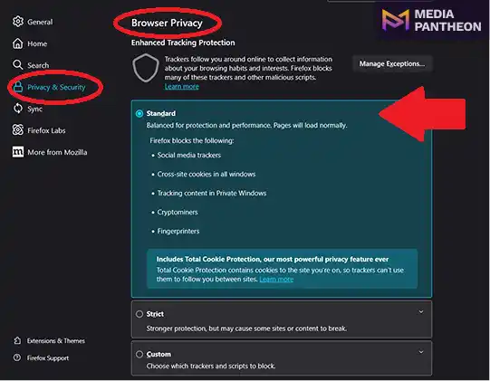 Firefox privacy settings screen showing "Standard" tracker blocking under Browser Privacy tab.