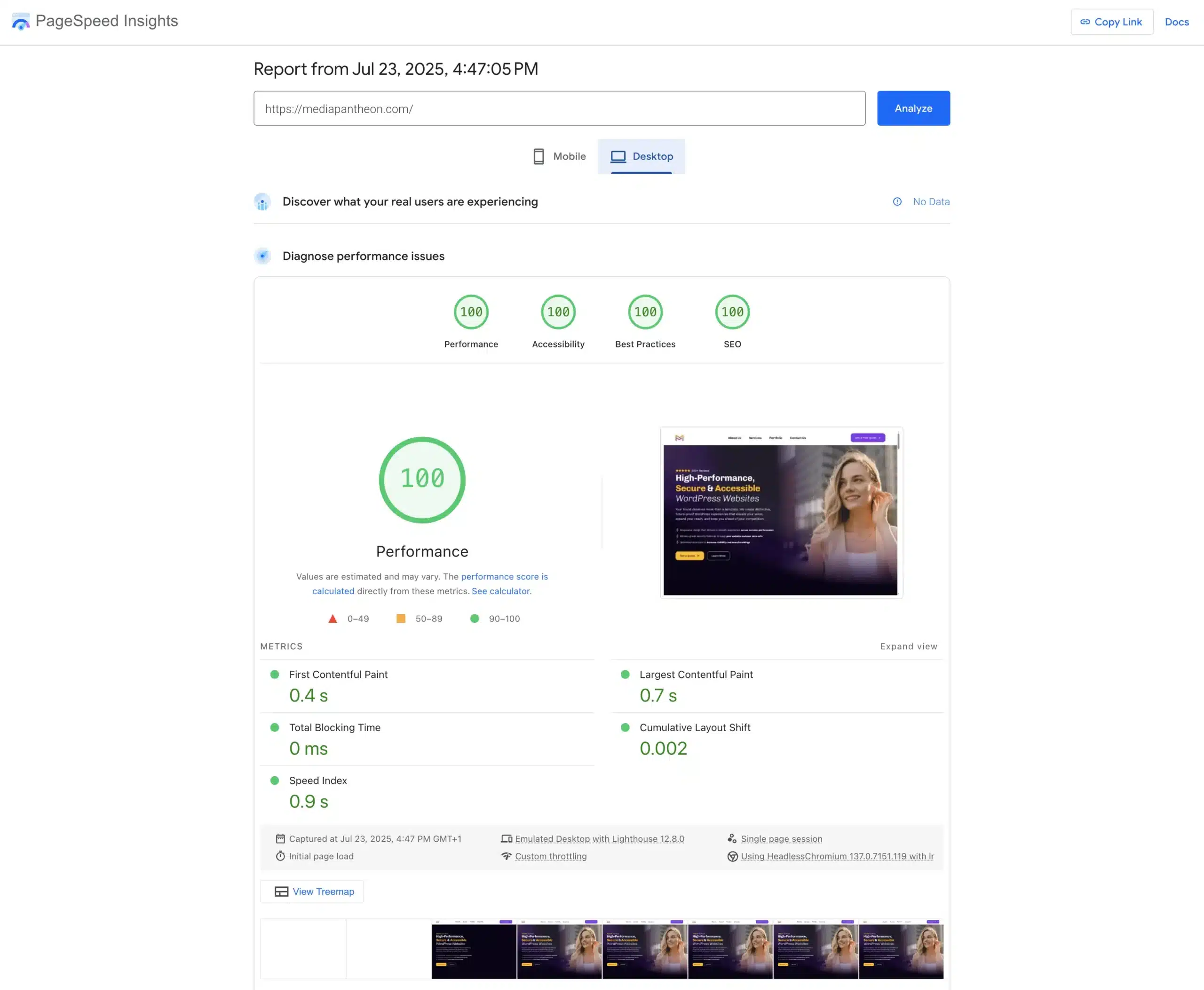 Media Pantheon's Google PageSpeed Insights desktop report showing perfect 100 scores across all metrics
