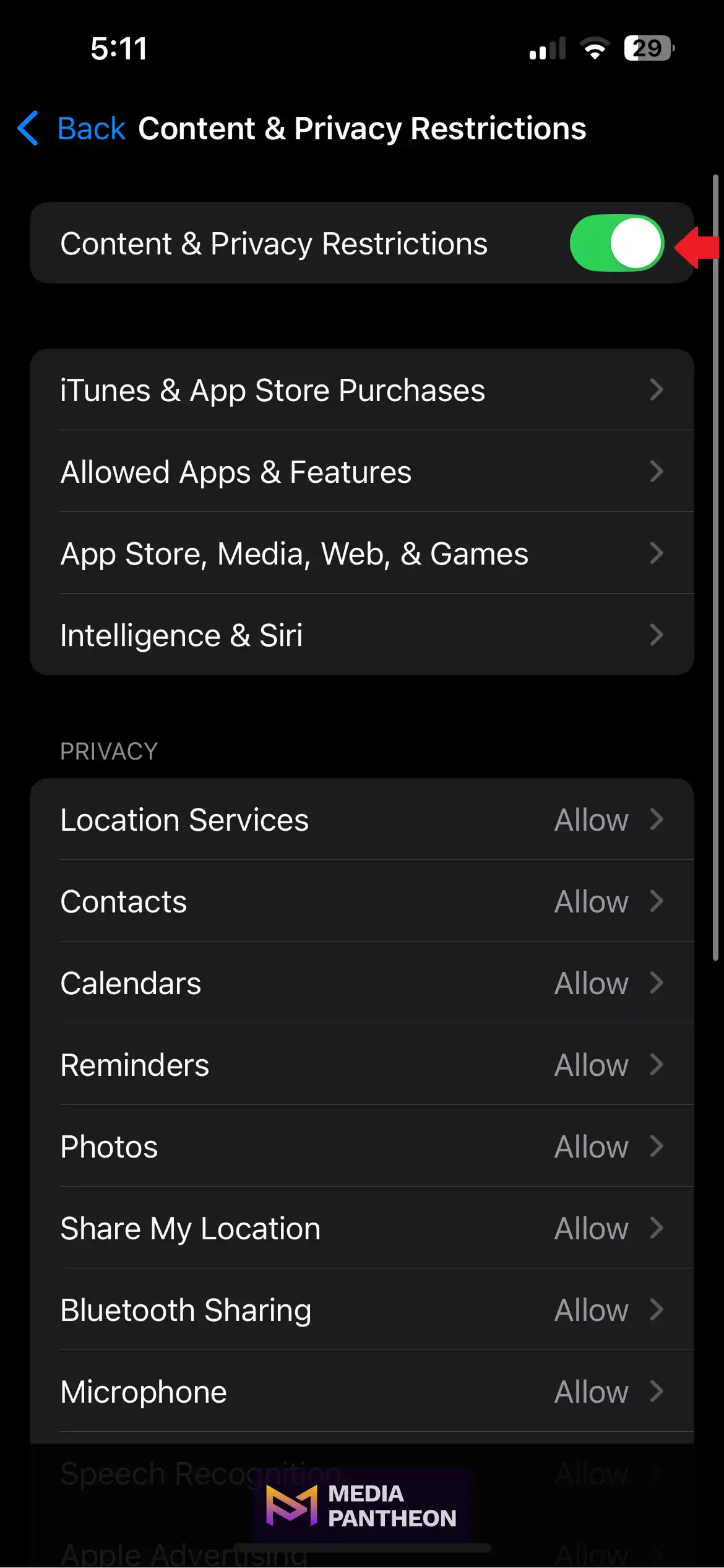 iPhone Content & Privacy Restrictions screen with red arrow pointing to green toggle switch.
