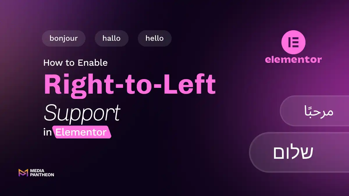 Pink text reading "how to enable right-to-left support in Elementor" on a dark background with a pink gradient and the Elementor logo.