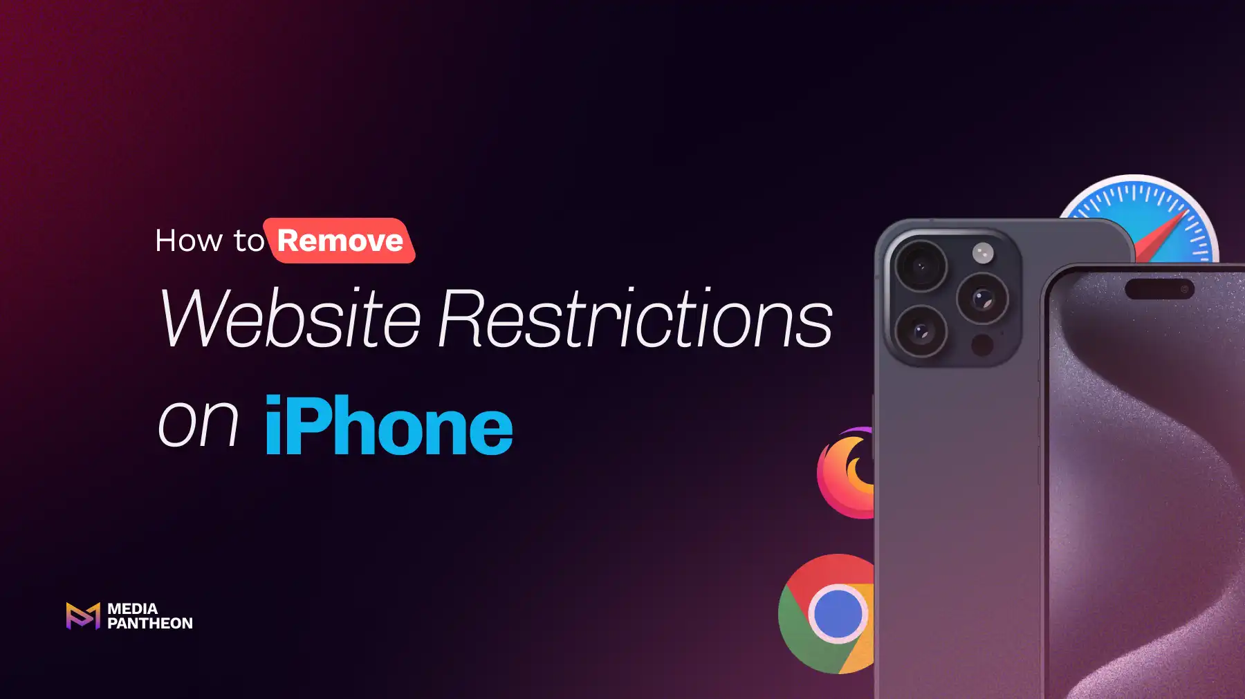 Text on a dark background reading "How to Remove Website Restrictions on iPhone" with an iPhone image, as well as the Safari, Firefox, Chrome, and Media Pantheon logos.