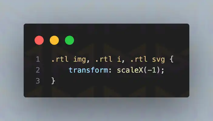 CSS snippet flipping images, icons, and SVGs horizontally for .rtl class using transform scaleX(-1).