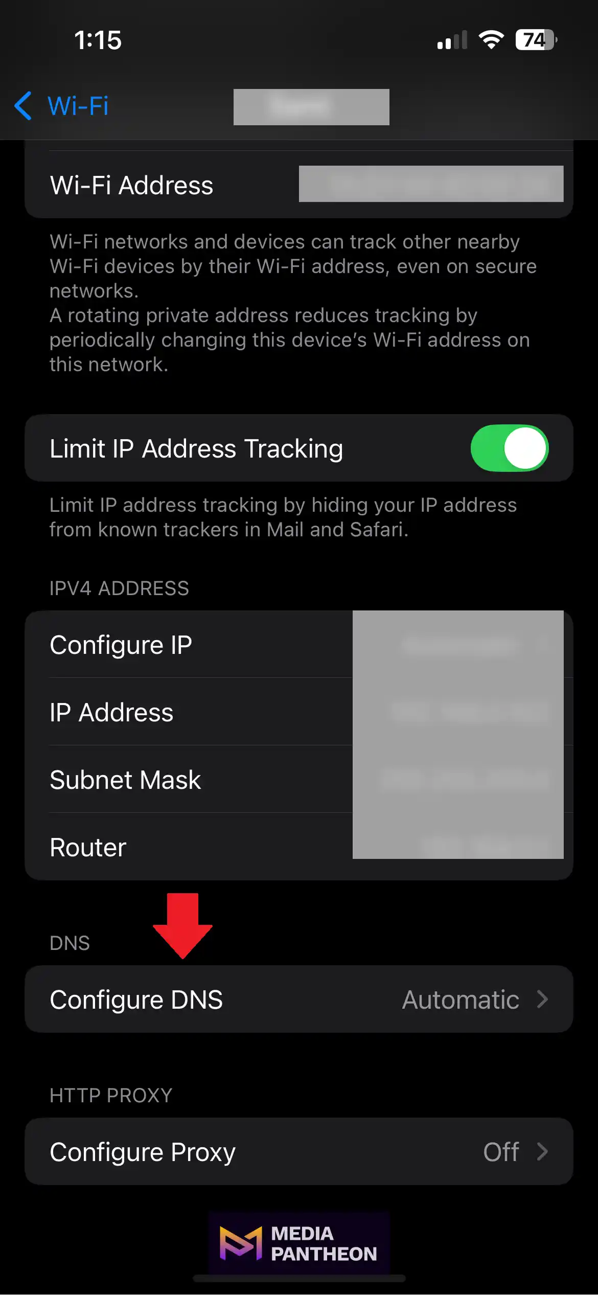 iPhone Wi-Fi settings screen with a red arrow pointing to the "Configure DNS" option, which is currently set to "Automatic." The image includes the Media Pantheon logo at the bottom.