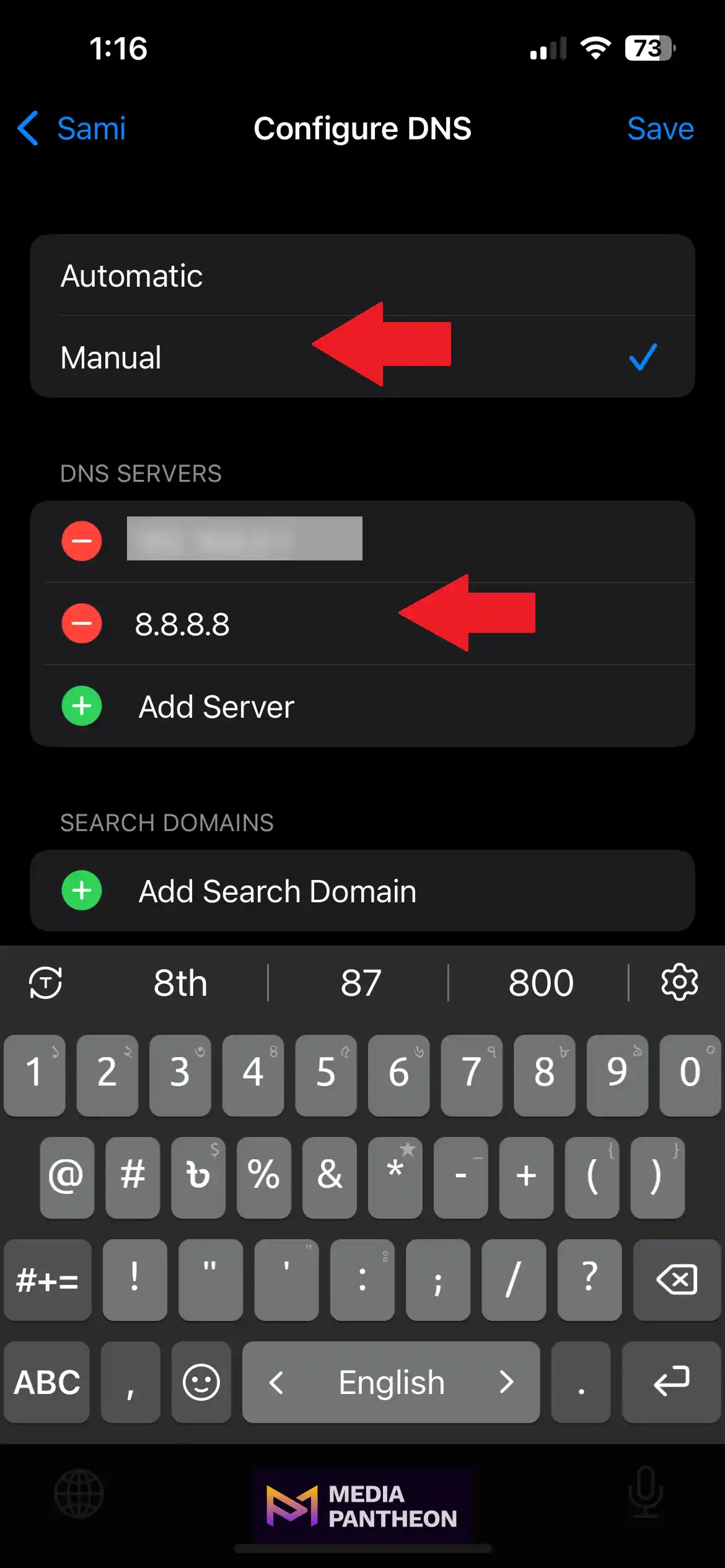 iPhone Configure DNS screen showing “Manual” selected with a red arrow, and another red arrow pointing to the entered DNS server “8.8.8.8” under DNS Servers. The Media Pantheon logo appears at the bottom.