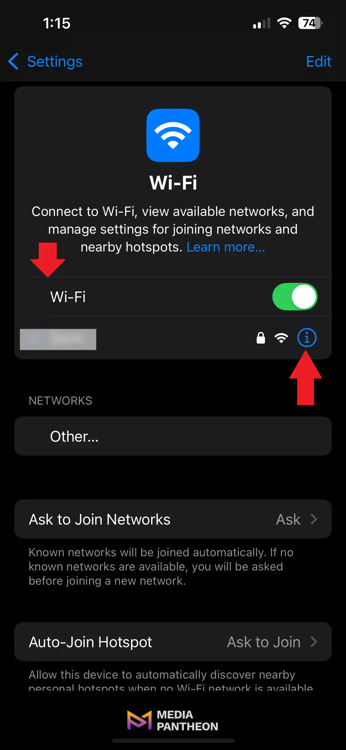 Screenshot of an iPhone Wi-Fi settings menu showing available networks and options for connecting and managing Wi-Fi.