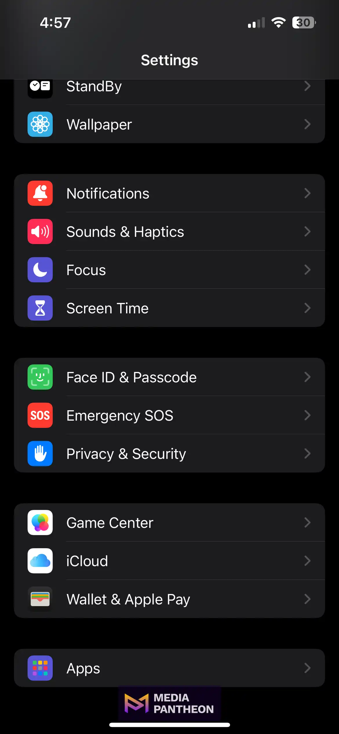iPhone Settings menu showing options like Notifications, Screen Time, Face ID, iCloud, and Wallet.