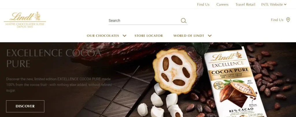 Lindt website promoting Cocoa Pure chocolate bar with premium packaging that prominently features gold accents.