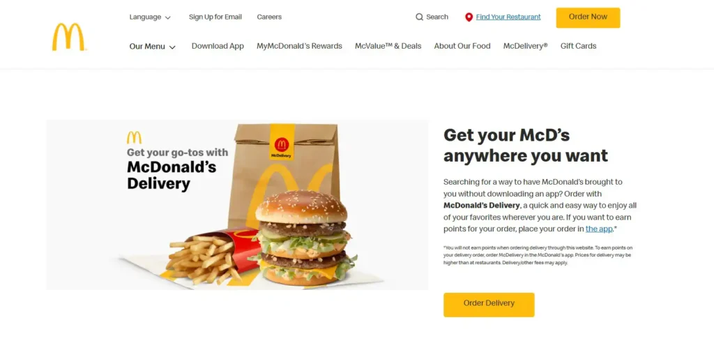 McDonald’s webpage with food and delivery bag, using yellow accents for branding and the order button.