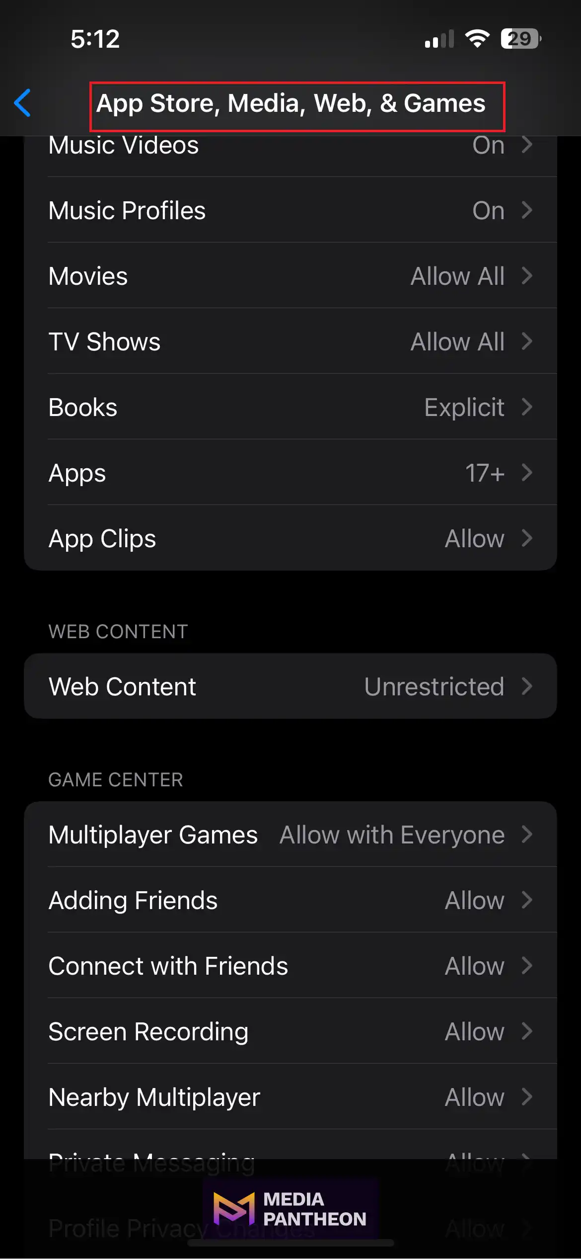 iPhone screen with red box highlighting App Store, Media, Web, & Games settings.