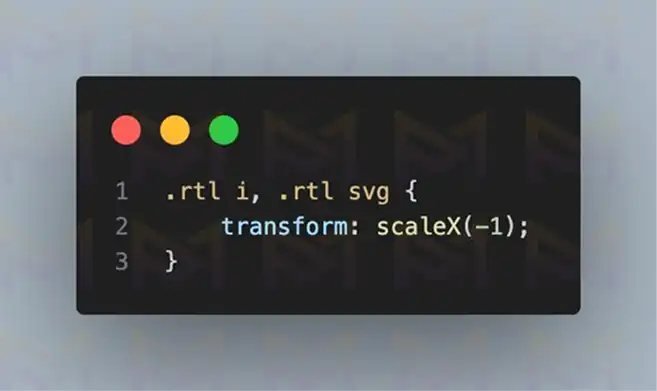 CSS snippet flipping icons and SVGs horizontally for .rtl class using transform scaleX(-1).