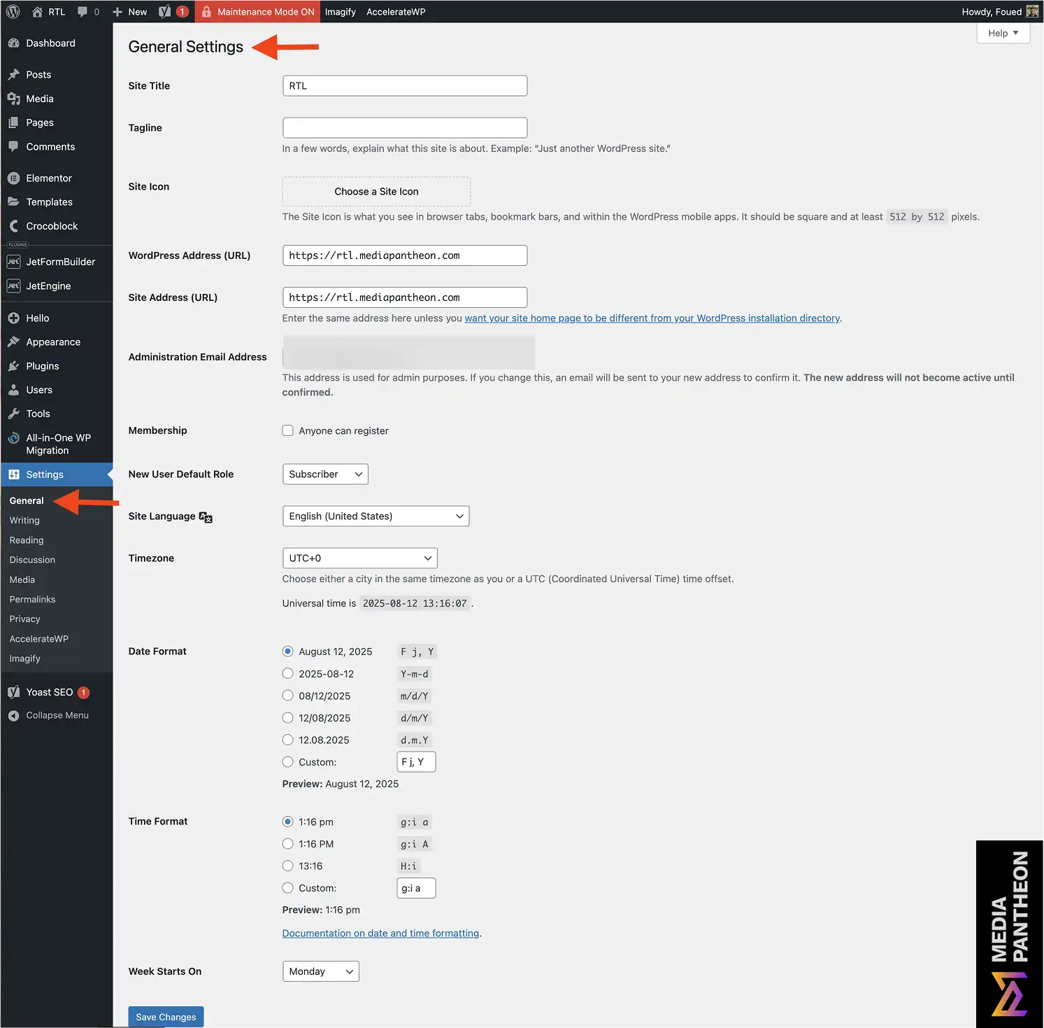 WordPress General Settings page with a red arrow pointing to the “General” option in the Settings menu.