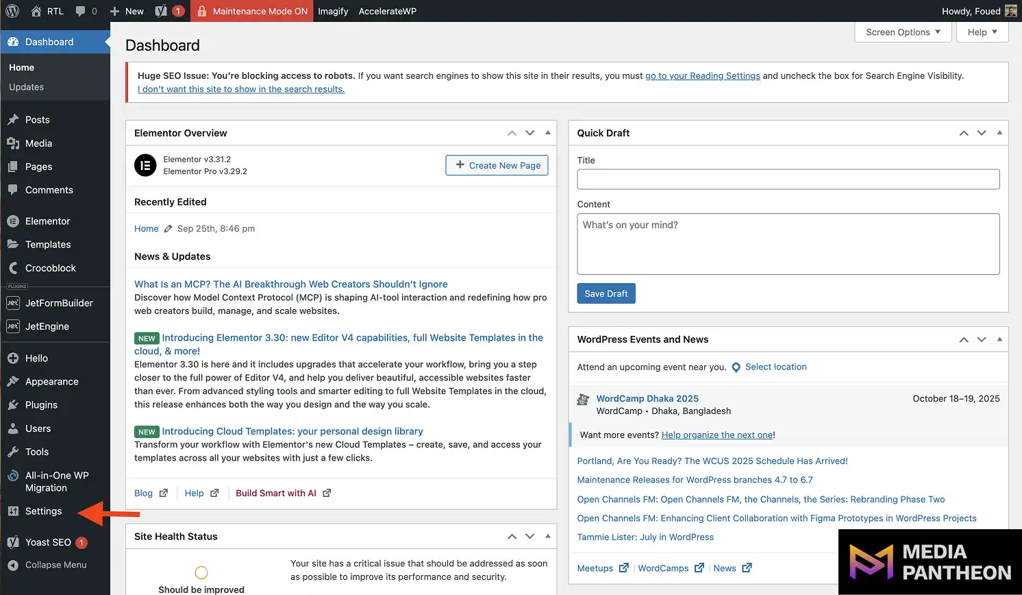 WordPress dashboard with red arrow pointing to the Settings menu in the left sidebar.