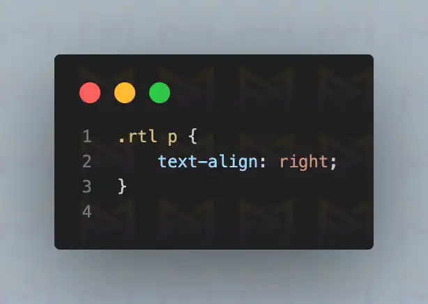 CSS snippet aligning paragraph text to the right for elements with the .rtl class.