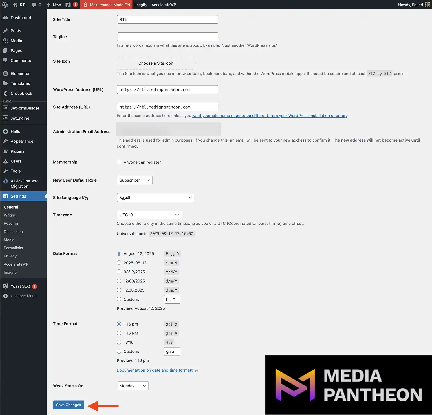WordPress settings page with red arrow pointing to Save Changes button after setting language.