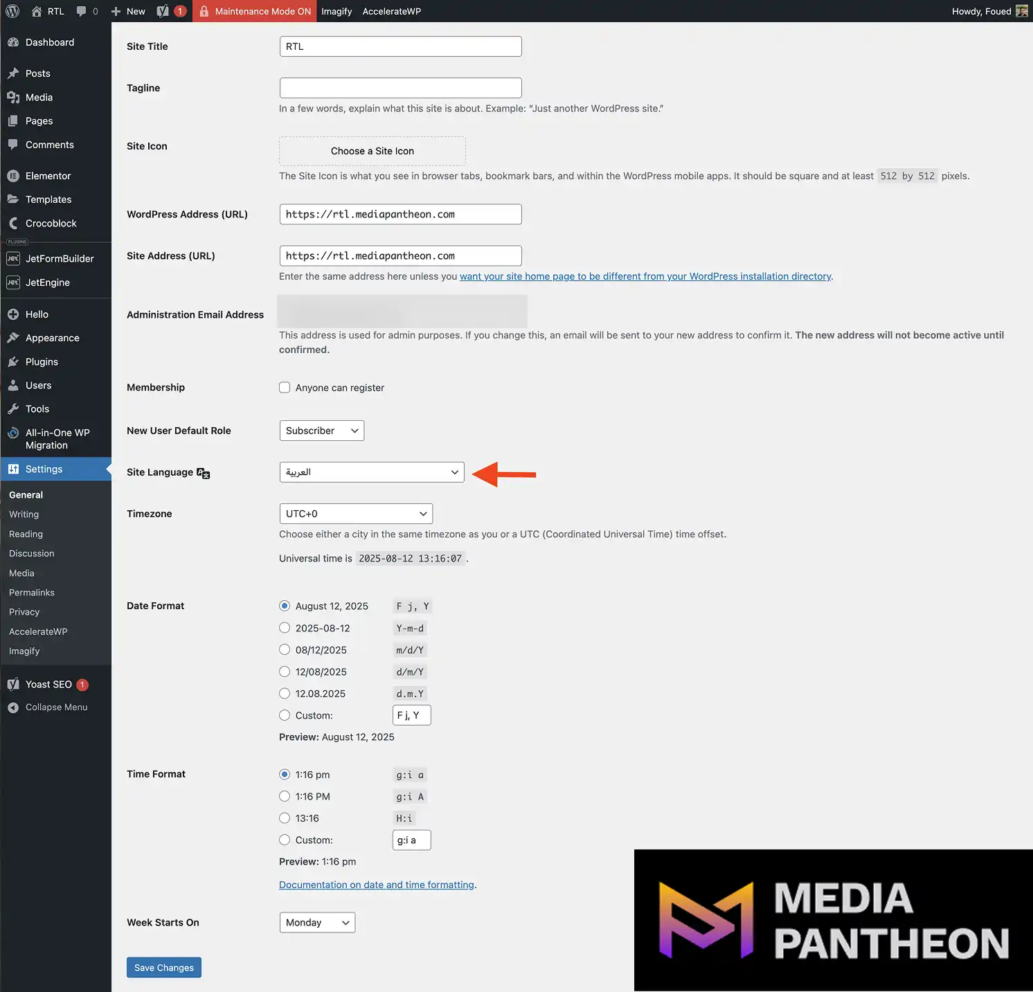 WordPress settings page with red arrow pointing to Site Language dropdown set to Arabic.