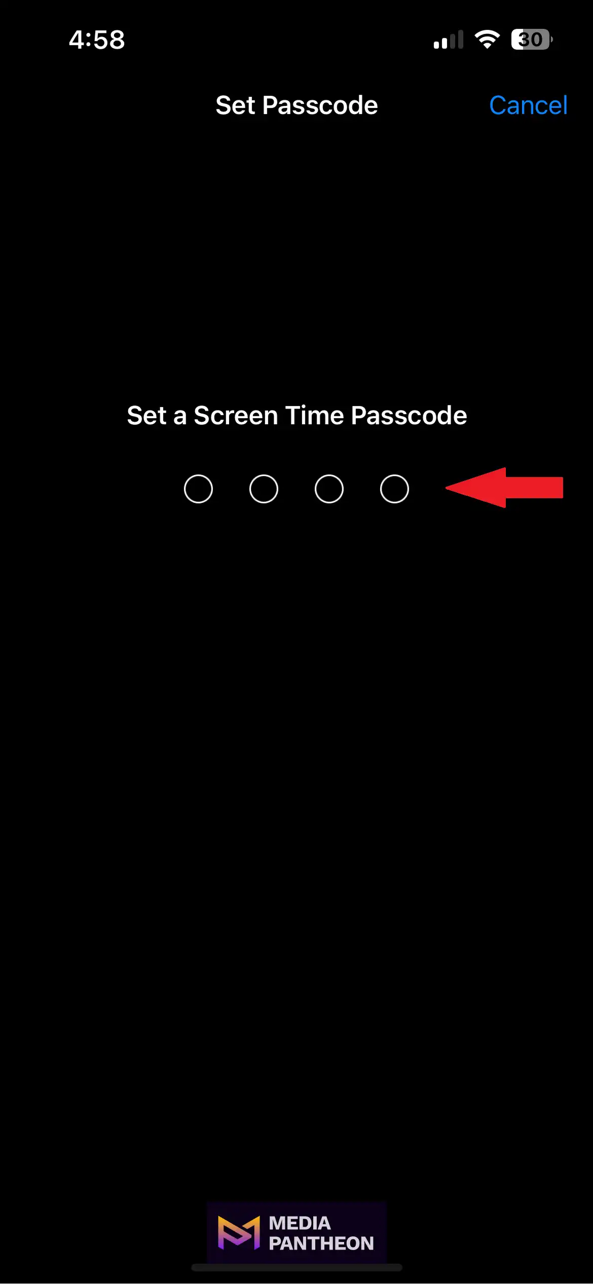 Screen Time passcode input screen with a red arrow pointing to the passcode field for user guidance.