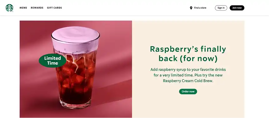 Starbucks website promoting raspberry drink with a green button and green accents for limited-time offer.