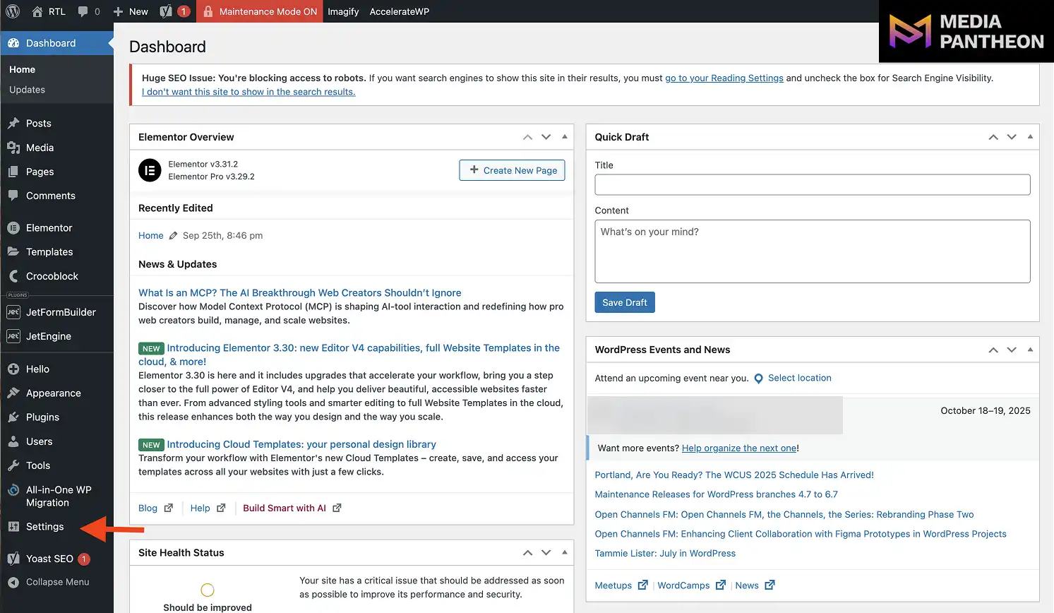 WordPress dashboard with arrow pointing to the Settings menu.