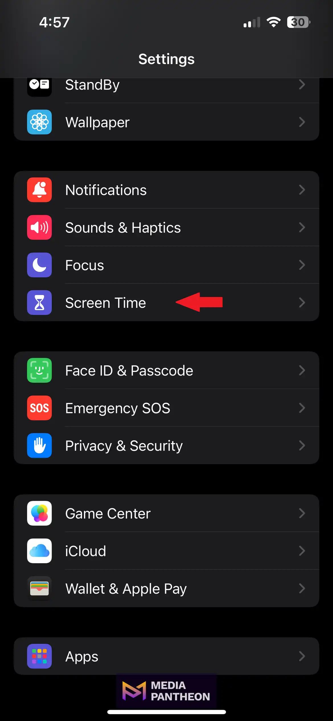 iPhone Settings menu with a red arrow pointing to the Screen Time option.