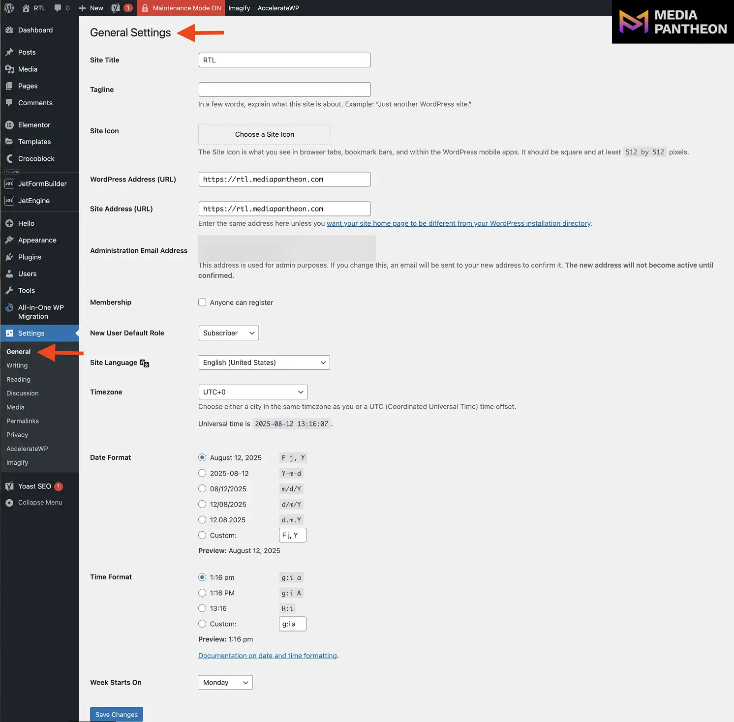 WordPress General Settings page with arrow pointing to the Site Language dropdown.