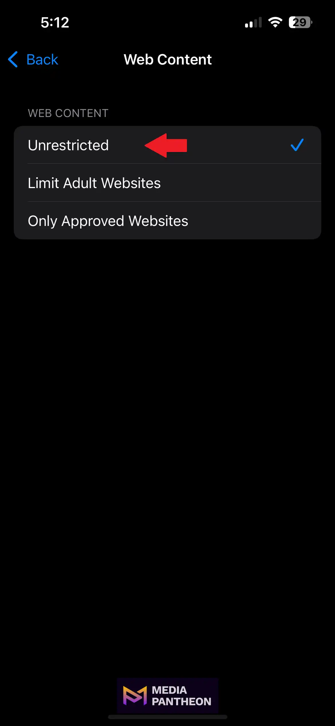 iPhone Web Content settings with red arrow pointing to Unrestricted option.