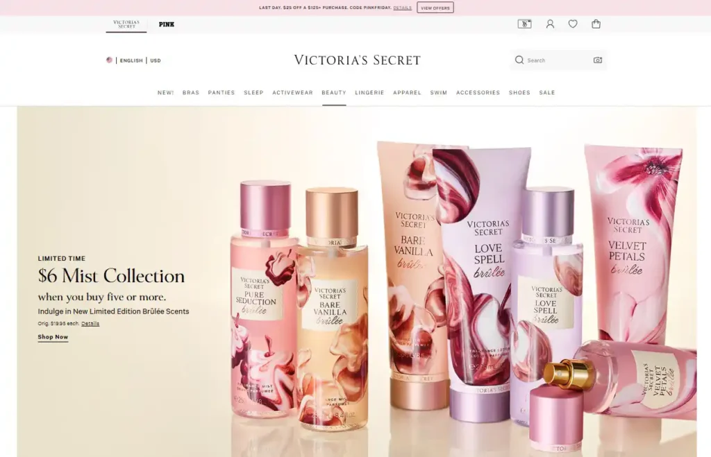 Victoria’s Secret website featuring mist collection products with elegant designs using soft pink colors.